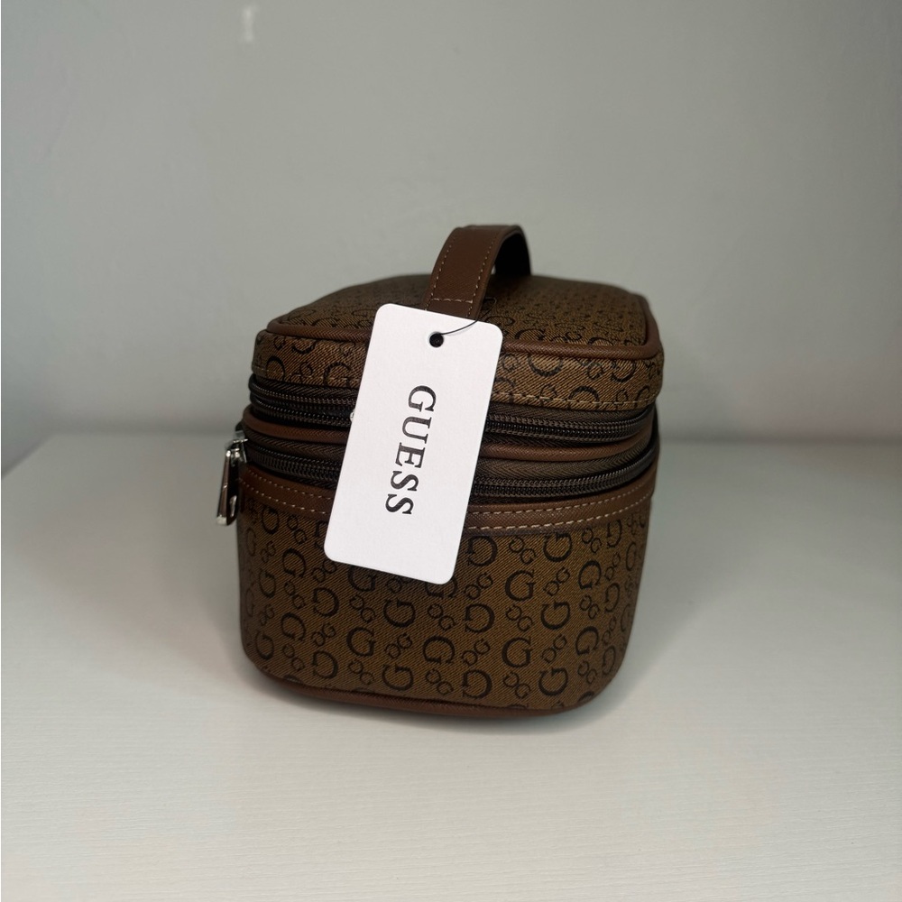 Guess Travel Cosmetic Bag Brown Logo 2 Tier Makeup Case Double Layer Organizer - Picture 2 of 8